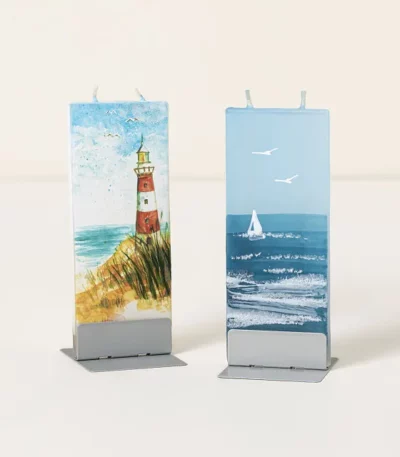 Hand-painted Coastal Scene Flat Candle