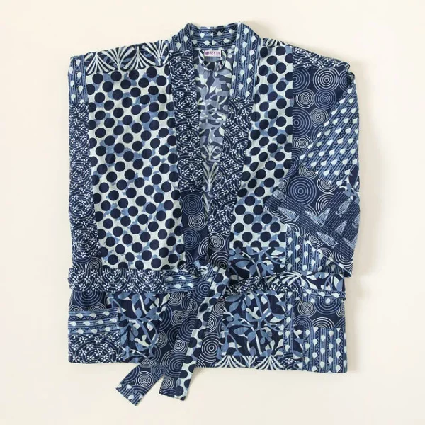 Patchwork Print Indigo Robe